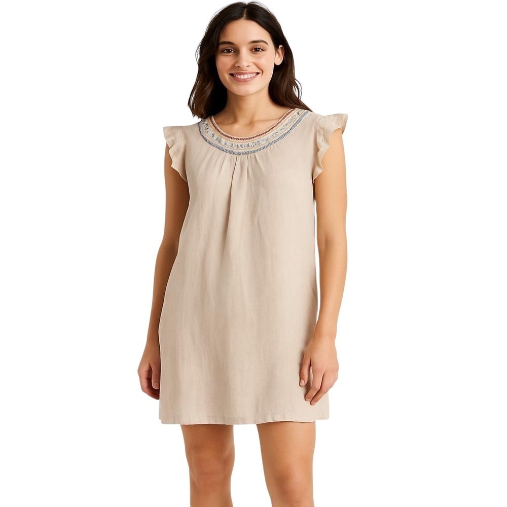 Italian Linen Sleeveless Dress with Embroidered Neckline - 3X
